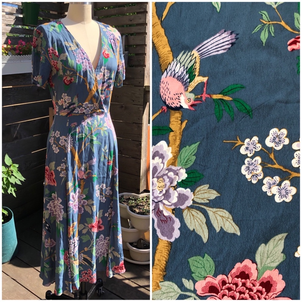 GP & J.Baker x H&M Collab Vintage 40s Inspired Floral Bird Print Dress Sz 2